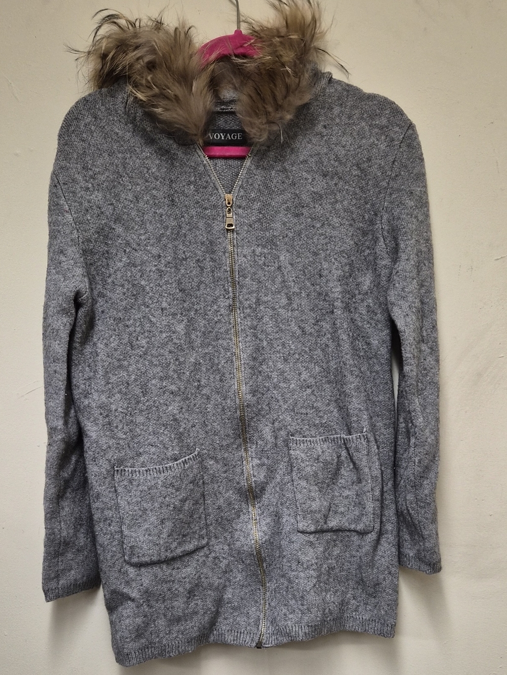 Voyage Women's Gray Zip-Up Hooded Coat with Faux Fur Trim Size M